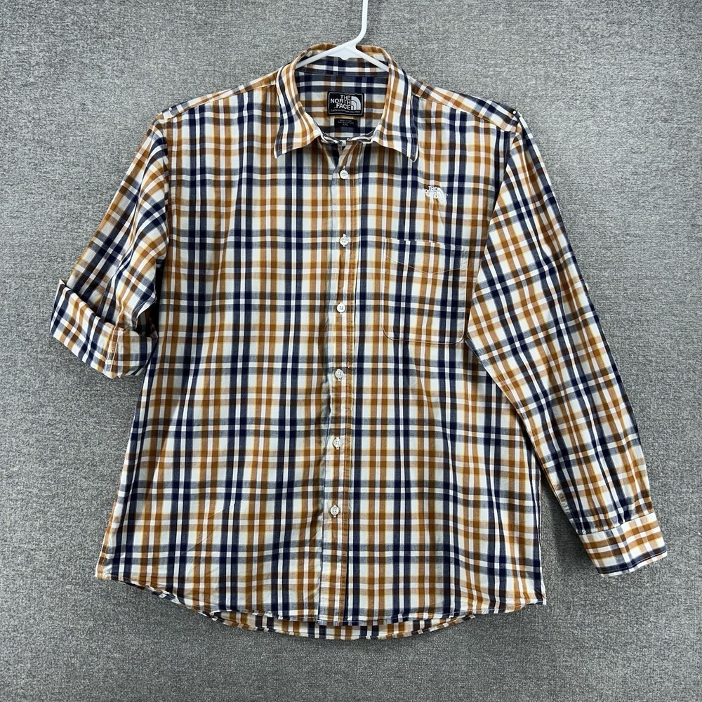 The North Face Roll Tab Shirts Men Size XXL White Plaid Blue Brown Yellow